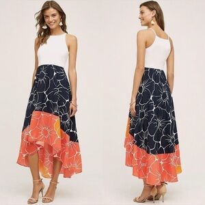 Hutch Anthro Floral navy coral orange white high low midi dress JUST PEACHY med